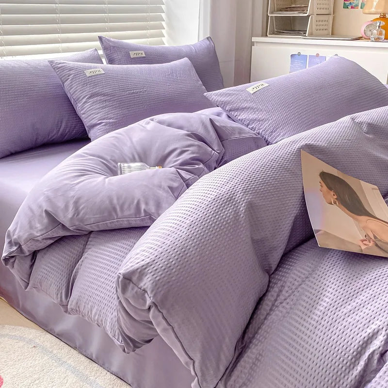 Rynx | Internet Celebrity Waffle Four-piece Set Washed Smooth Bedding Duvet Cover Fitted Sheet Bedding Contrast Color Dormitory Three Pi