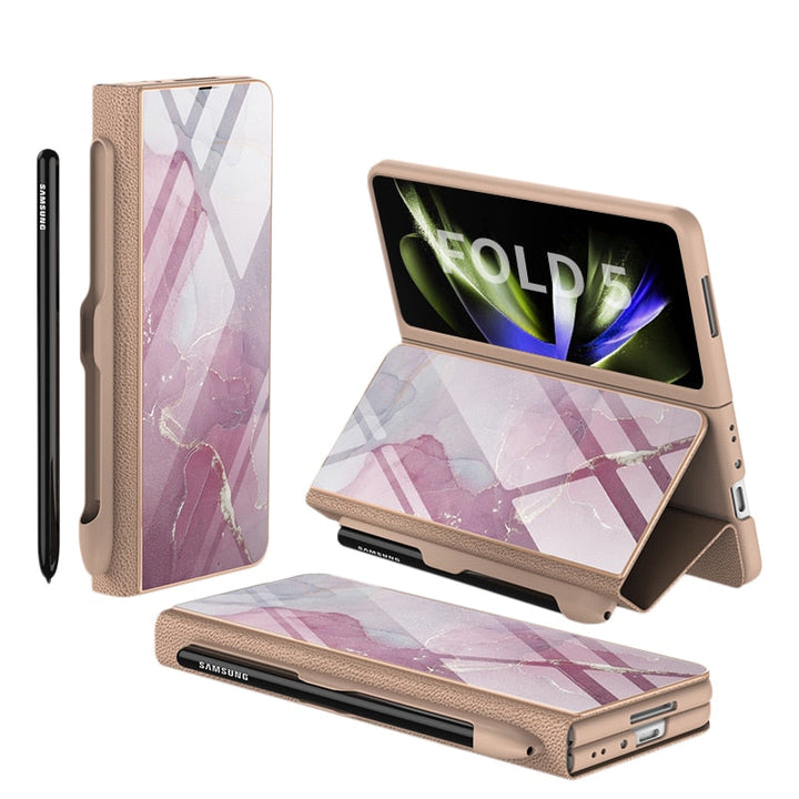 Lisslune | Shockproof Armor Case Glass Cover Stand Insert Card Leather Case for Samsung Galaxy Z Fold 5/4