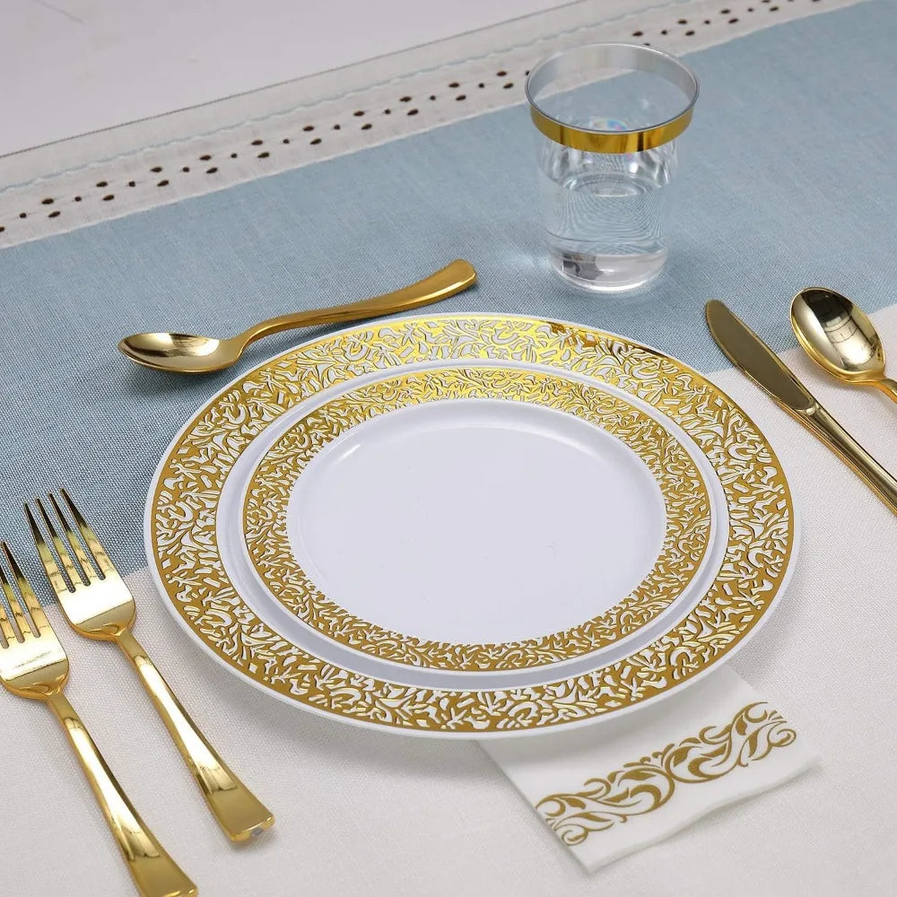 Lisslune | 350pcs Disposable Gold Lace Dinnerware Set for 50 Guests