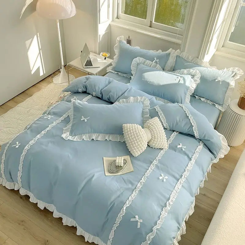 Rynx | Princess Style Duvet Cover Set with Bed Sheet Pillowcases Korean Green Pink Girls Gift Spring Single Queen Size Bedding Set