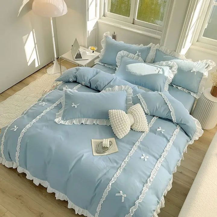 Rynx | Princess Style Duvet Cover Set with Bed Sheet Pillowcases Korean Green Pink Girls Gift Spring Single Queen Size Bedding Set