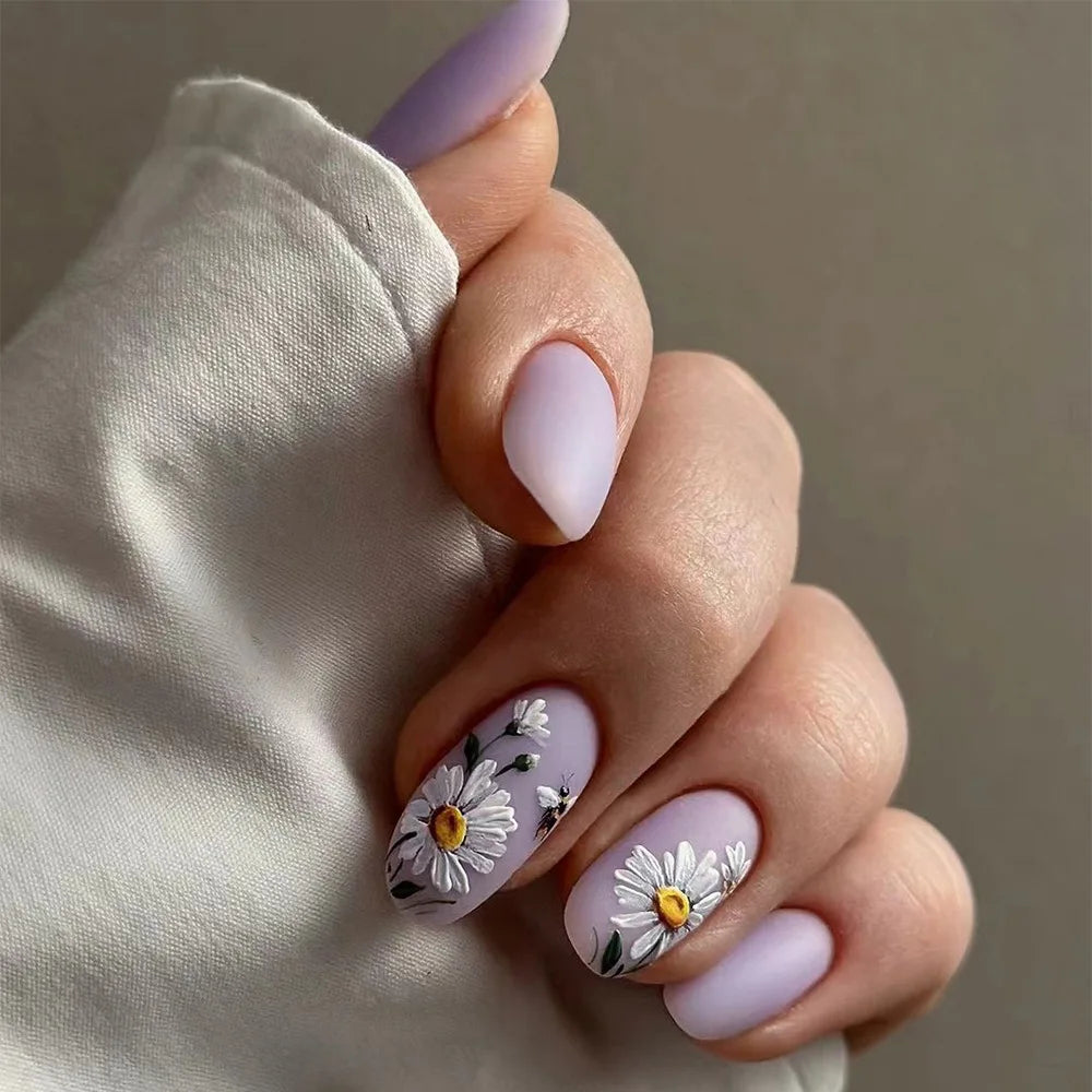 Rynx | Hand-painted Daisy Bee Nail Art Purple Color Art Nails Fashion Removable Ready Artificial Nails Press on Nails with Glue
