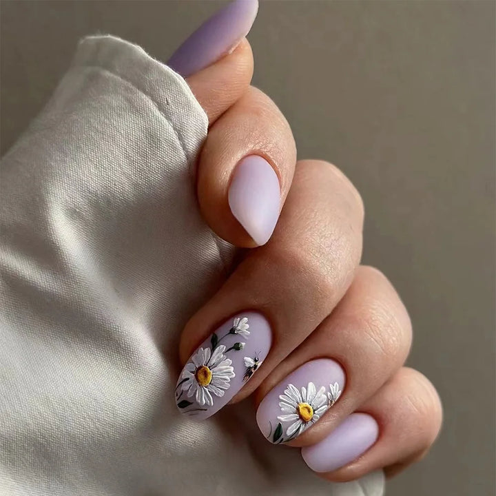 Rynx | Hand-painted Daisy Bee Nail Art Purple Color Art Nails Fashion Removable Ready Artificial Nails Press on Nails with Glue