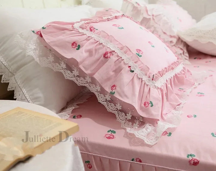 Rynx Elegant Ruffle Lace Decorative Pillowcase European Embroidery Bed Pillowcase Princess Pink Print Pillowcase Sofa Cushion