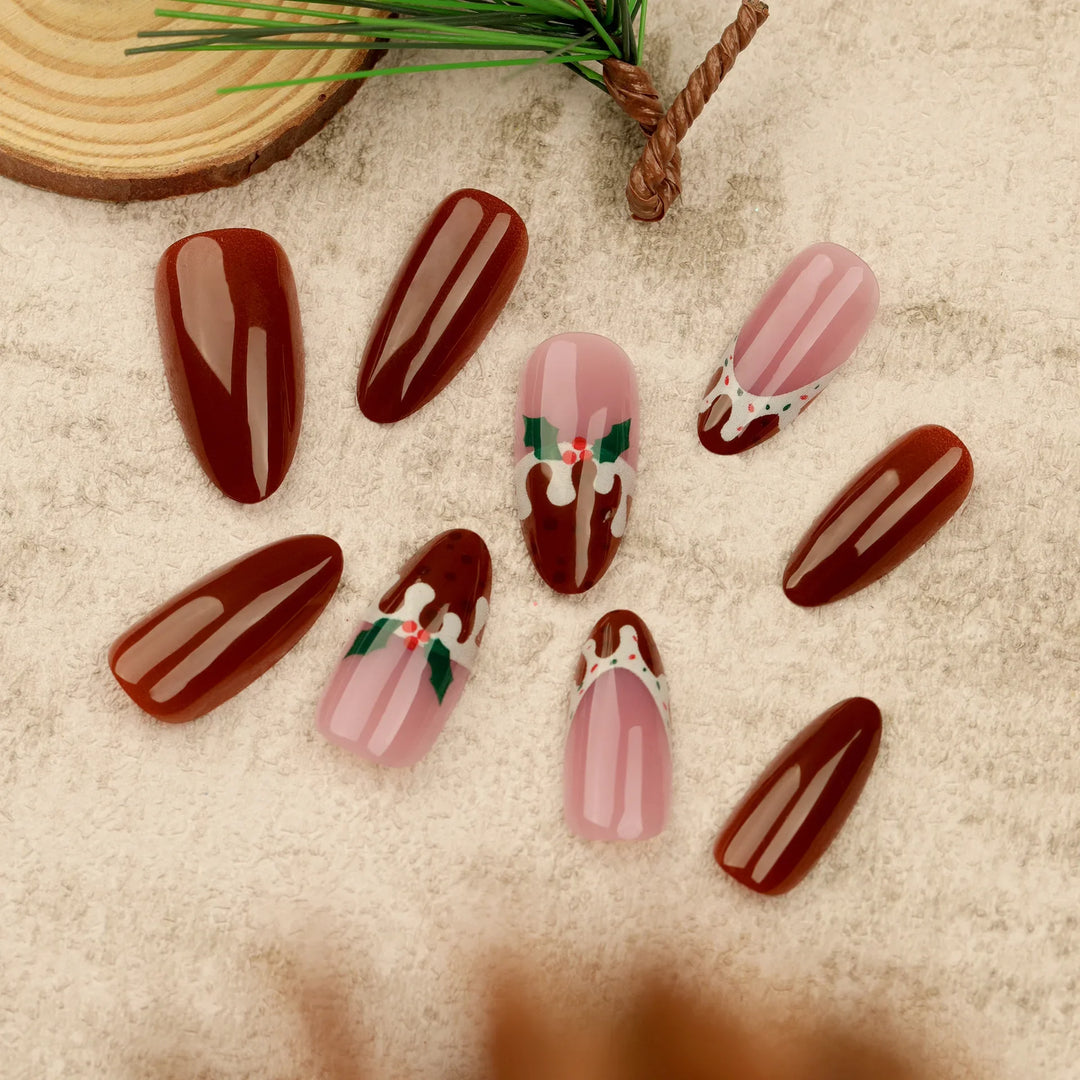 Rynx | Red Holly Brown Solid Color Christmas Nail Art Almond Shaped Artificial Nails Removable Pre-made Joints Press-On Nails with Glue