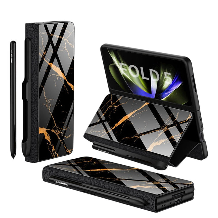 Lisslune | Shockproof Armor Case Glass Cover Stand Insert Card Leather Case for Samsung Galaxy Z Fold 5/4
