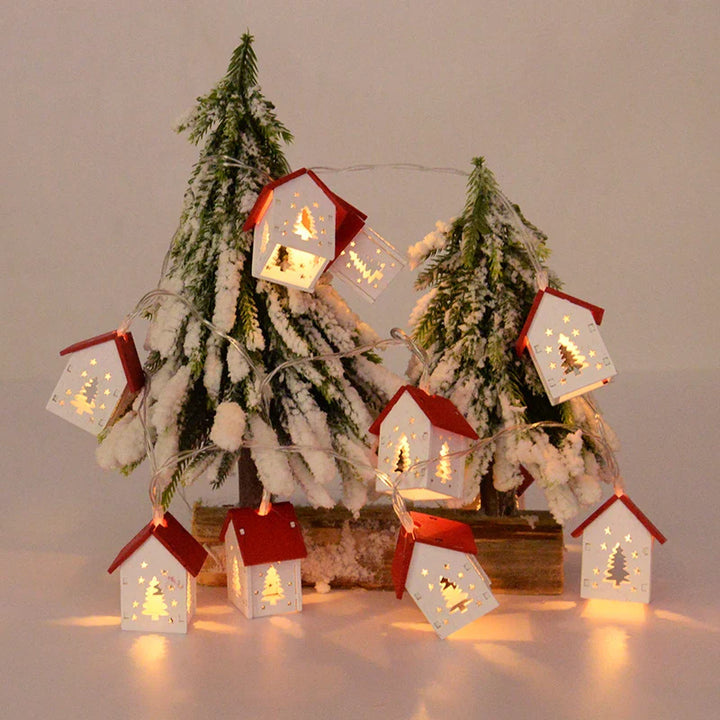 Rynx Christmas Wooden House LED String Lights Xmas Tree Hanging Decoration Christmas Decoration For Home Kids New Year Gift Navidad