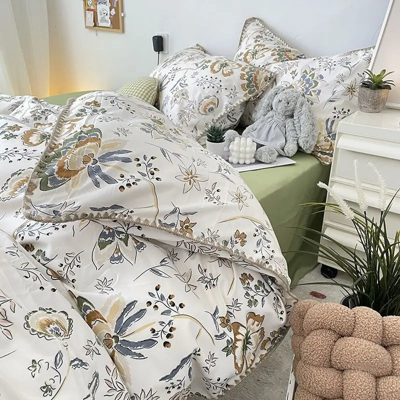Rynx | Bedding set INS Girls Cherry Soft washed cotton bed sheet Queen King size duvet set Comforter set pillowcase bedding