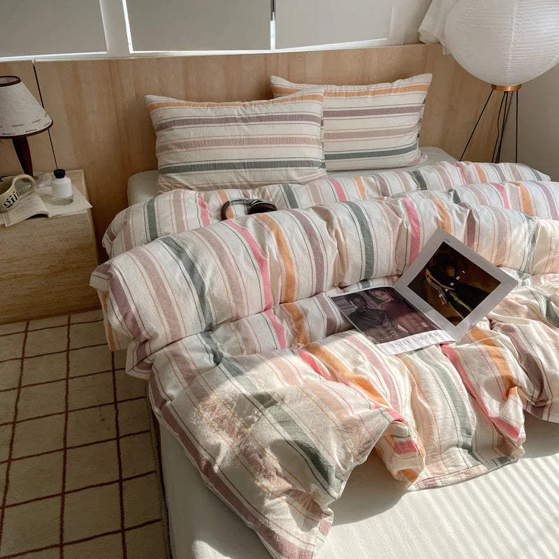 Rynx | 100% Cotton Soft Bedding Set Striped Print Duvet Cover with Pillowcase Bedding Bedspread Pillowcases Duvet Sets