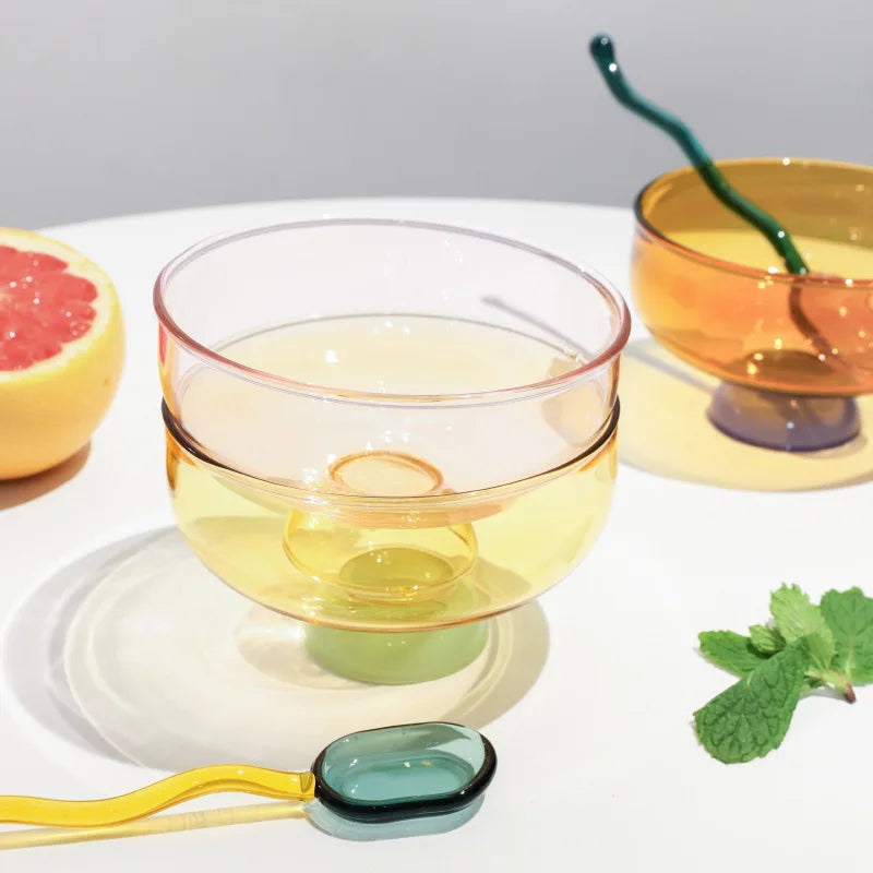 Rynx | Stained Glass Transparent Tapestry Bowls Spoon Set High Borosilicate Glass Bowl Fruit Salad Dessert Bowls Tableware