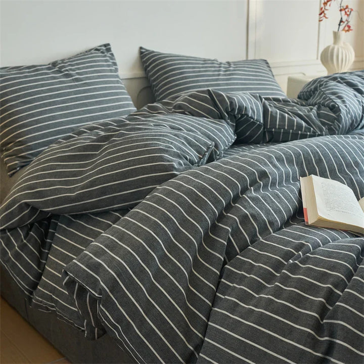 Lisslune | Luxus 100% Baumwolle Streifen 3-teiliges Bettbezug-Set (1 Bettbezug + 2 Kissenbezüge), Garngefärbt, Weiches Bettwäsche-Set, Mehrere Größen