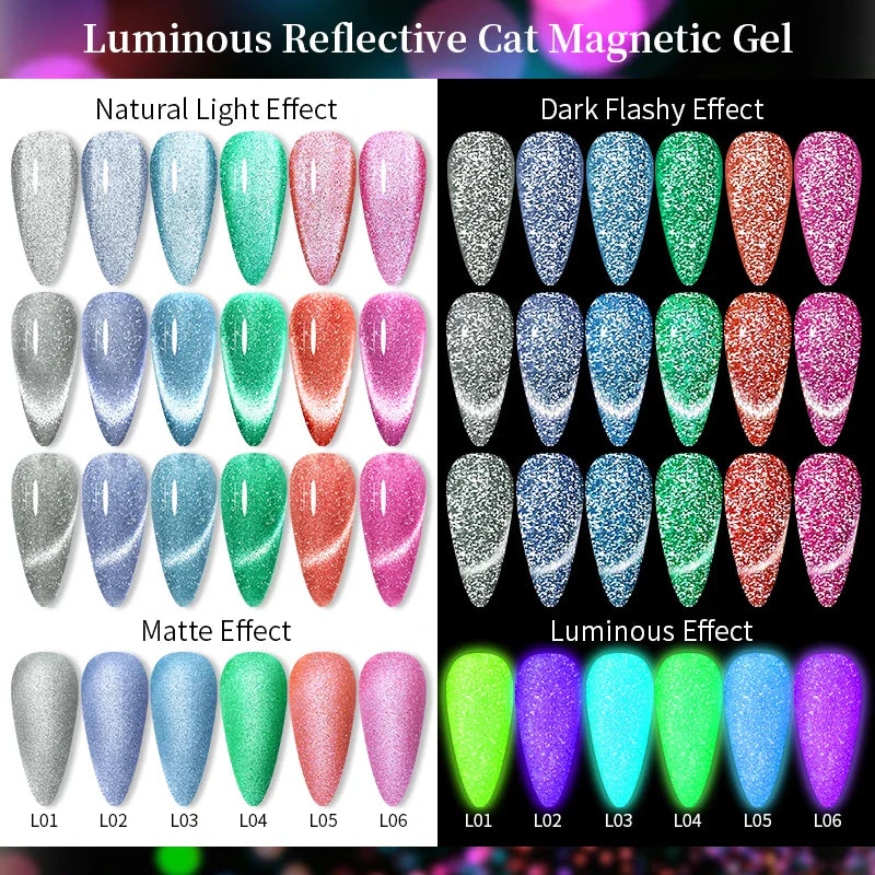 Rynx |7ML Snowlight Cat Magnetic Gel Nail Polish Grow-In-Dark Reflection Glitter Laser Semi-Permanent Soak Off UV Gel Nail Polish