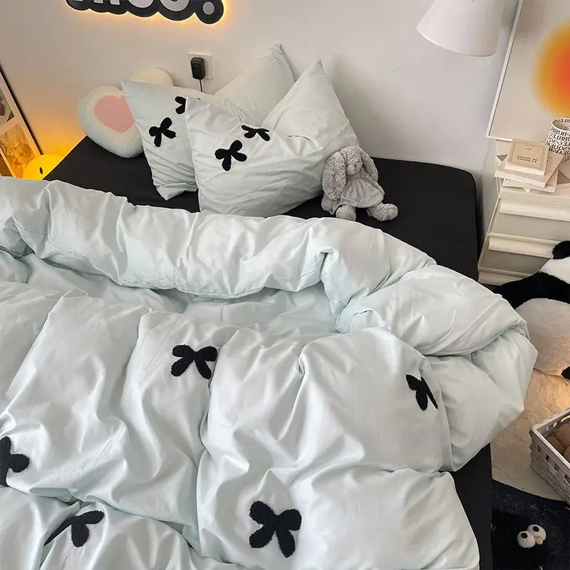 Rynx | Bedding Set in Minimalist Style Blue Wash Cotton Black Bow Towel Embroidered Four PIECE Set, 1.5 Bed Sheet