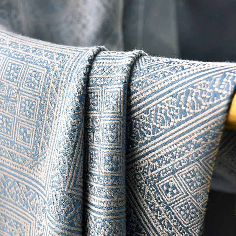 Rynx | Blue Luxury Living Room Jacquard Curtains Ornate Pattern Bedroom Curtain Blackout Curtains Balcony Thick Chenille Curtain шторы