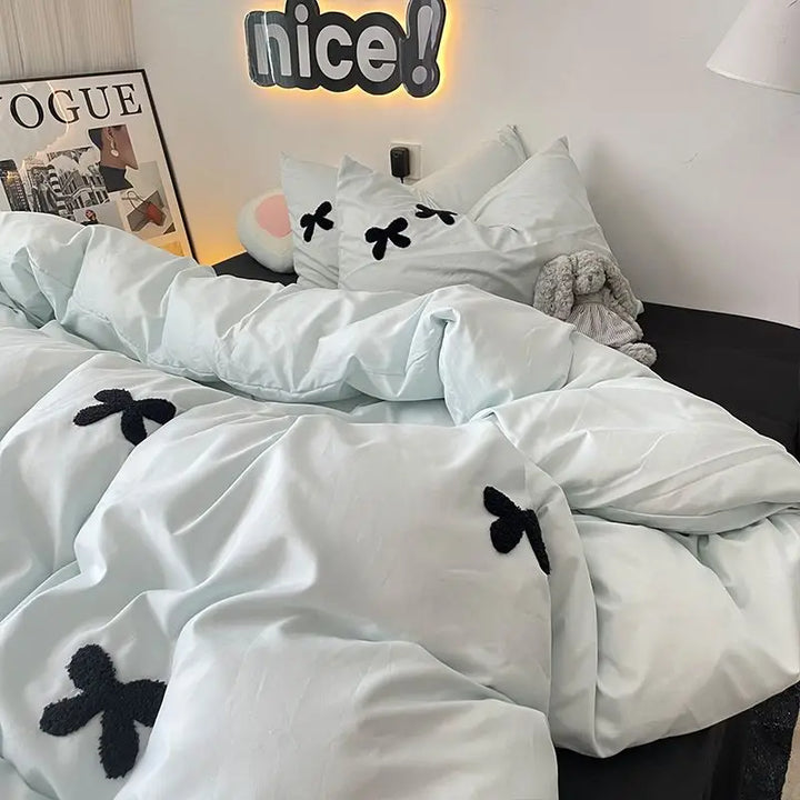 Rynx | Bedding Set in Minimalist Style Blue Wash Cotton Black Bow Towel Embroidered Four PIECE Set, 1.5 Bed Sheet