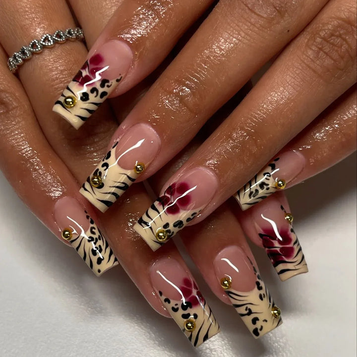 Rynx | Brown Leopard Gradient French Nail Art Red Bow Pearls False Nails Removable Ready-Made False Nails To Stick With Glue