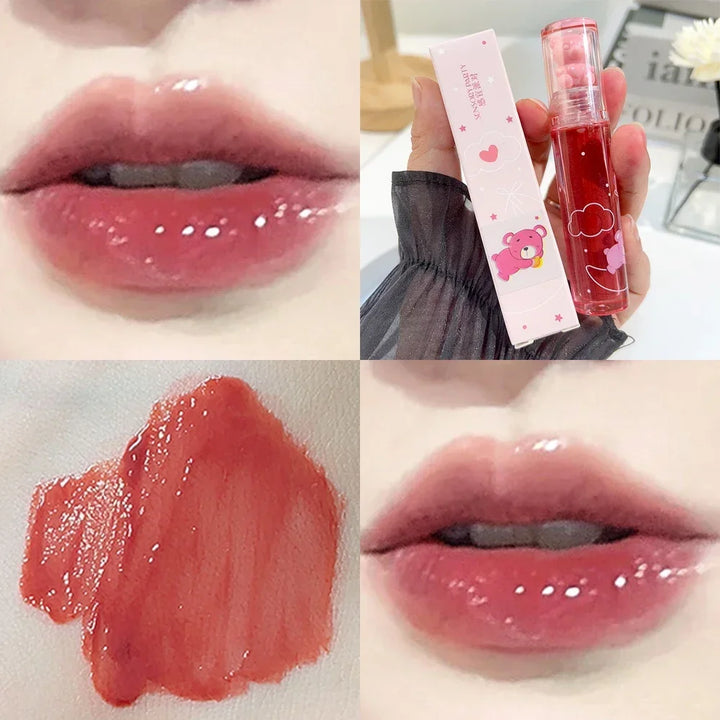 Rynx | Sweet Pink Bear Waterlight Lip Gloss Long-lasting Crystal Shiny Lip Lacquer Mirror Nude Liquid Lipstick Women's Lip Makeup Cosmetics