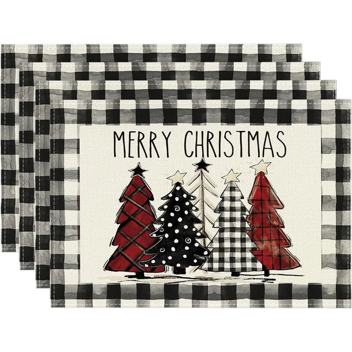 Rynx 4Pc Christmas Tree Moose Placemat Linen Dining Table Mats Coaster Bowl Coffee Mug Pad Mat 2024 Christmas Home Kitchen Decoration