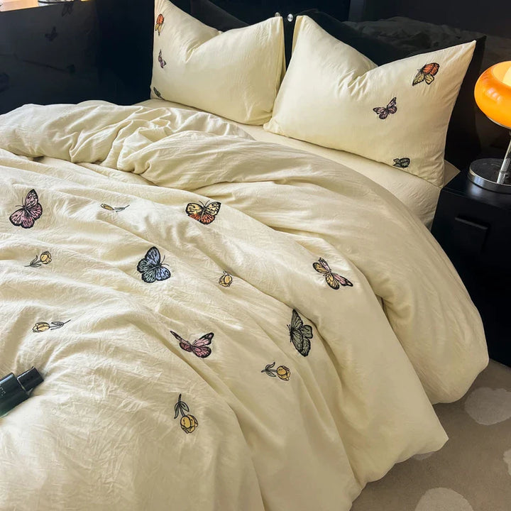 Rynx | 2/3/4 Pieces Luxury Butterfly Embroidery Bedding Set Soft Skin-Friendly Washed Cotton Duvet Cover Twin Full Queen King Bed Set