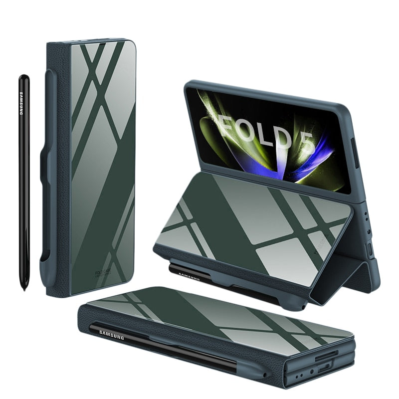 Lisslune | Shockproof Armor Case Glass Cover Stand Insert Card Leather Case for Samsung Galaxy Z Fold 5/4