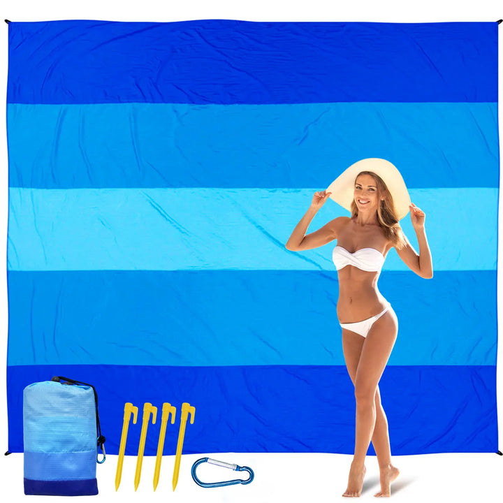 Rynx | Ocean blue striped waterproof & sand resistant beach mat for 1-3 people - perfect for outdoor picnics, travel, camping & hiking