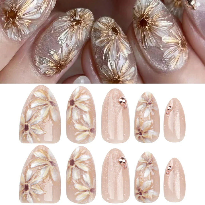 Rynx | Cute Small Flowers Nude Color Nail Art Simple Style Artificial Nails Removable Ready-made Artificial Nails To Stick On with Glue