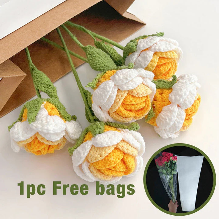 Rynx | 1PC knitted flower rose tulips daisies artificial flower bouquets wedding party decoration hand knitted crochet woven bouquet