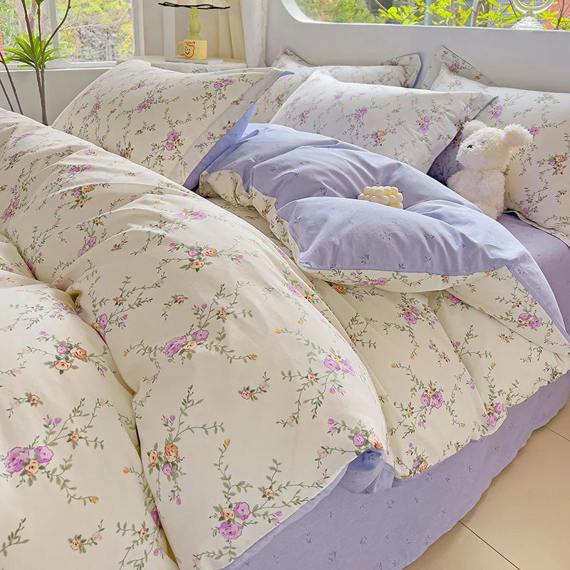 Rynx | Hot Flora Style 100 % Cotton Bedding Set Printed Four Piece Set Pure Cotton Sheet Set Duvet Cover Queen King Size
