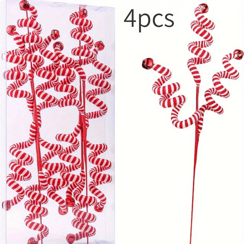 Rynx 4-piece Christmas Tree Candy Cane Picks - Festive Woolen Candy Rolls Decorations for Christmas, New Year & Winter Holidays