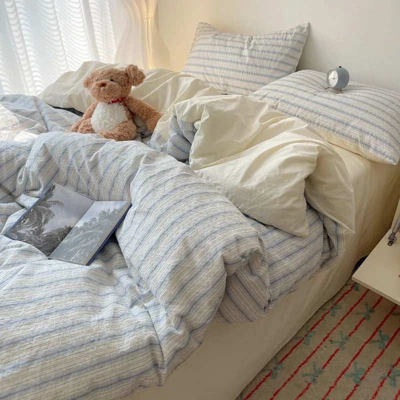 Rynx | Striped Bedding Set INS Nordic Girl Soft Washed Cotton Bed Sheet Queen King Size Duvet Cover Set Comforter Set Pillowcase Bedding