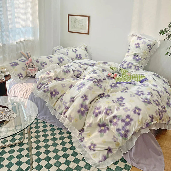 Rynx | Floral Style 100% Cotton Printed Soft Bed Linen Set Duvet Bedware Duvet Pillowcase Flat Sheet Comforter Set for Girls