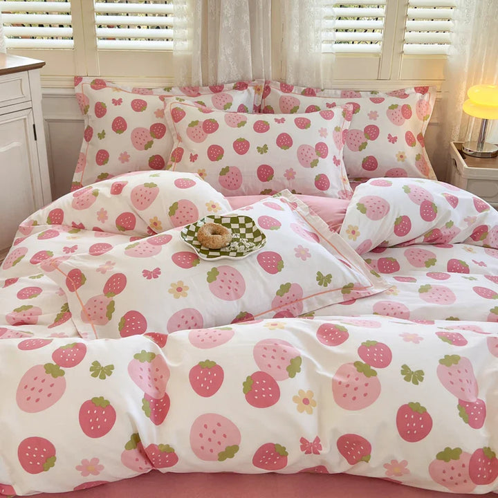 Rynx | Kawaii Pink Strawberry Duvet Cover Set without Filling Fashion Bedding Full Size Queen Size Luxury Home Textiles for Girls Bedding