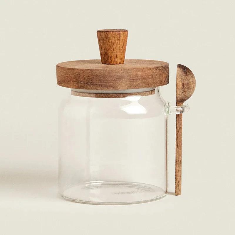 Lisslune | Elegant glass storage jar with acacia wood lid and spoon for coffee and spices