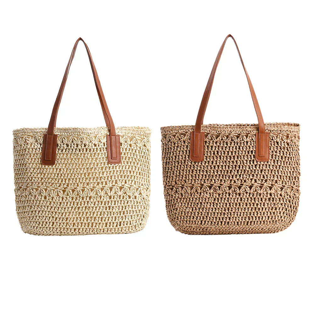 Lisslune | Genevieve | Chic Straw Tote Bag with Genuine Leather Straps – Elegant Summer Handbag