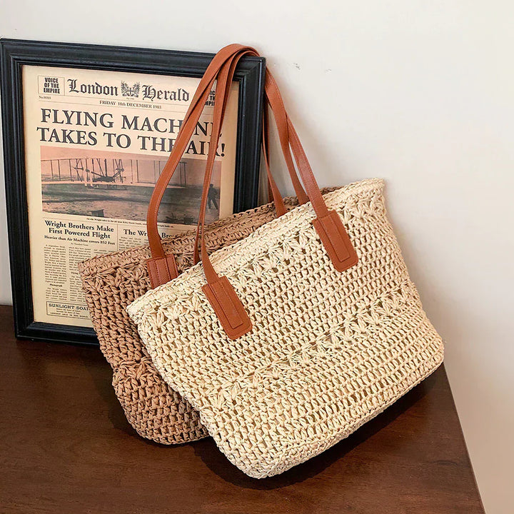 Lisslune | Genevieve | Chic Straw Tote Bag with Genuine Leather Straps – Elegant Summer Handbag