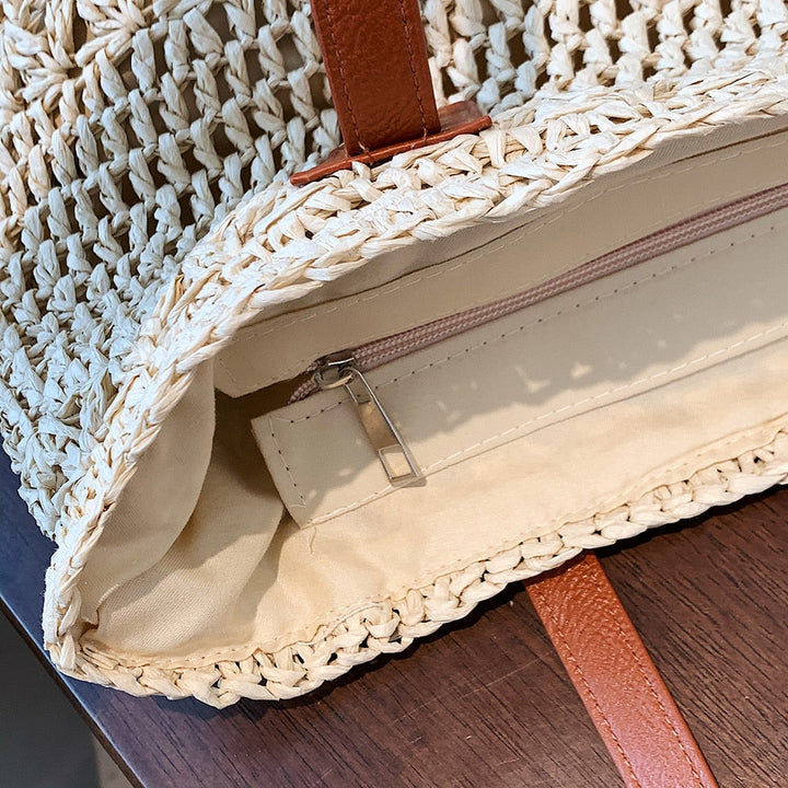Lisslune | Genevieve | Chic Straw Tote Bag with Genuine Leather Straps – Elegant Summer Handbag