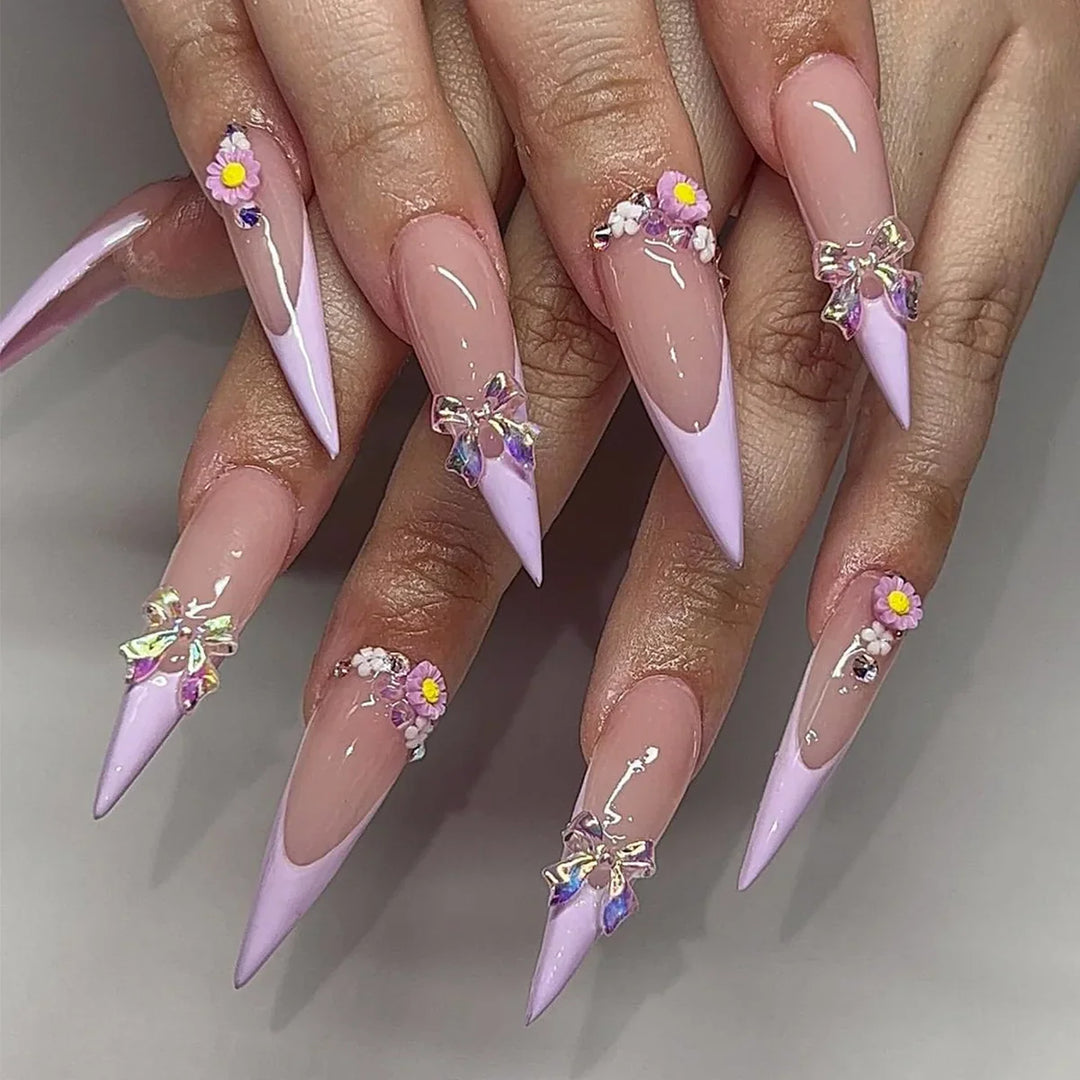 Rynx | Purple French Aurora Bow Flower Rhinestone Long Lace False Nails Removable Ready Artificial Nails Press-on Nails with Glue