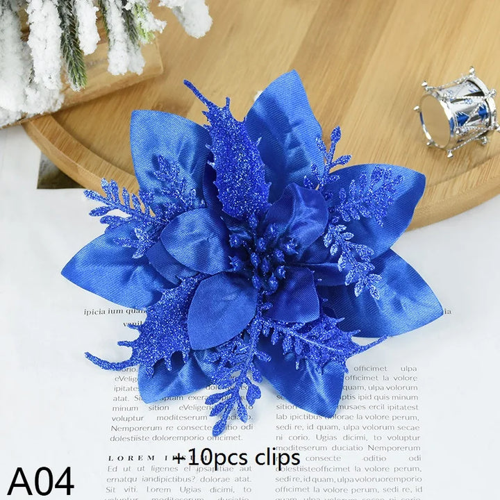 Rynx 5.7 inch artificial blue and black Christmas glitter flowers with clips 5/10 pieces Xmas tree flower ornaments Noel New Year decoration