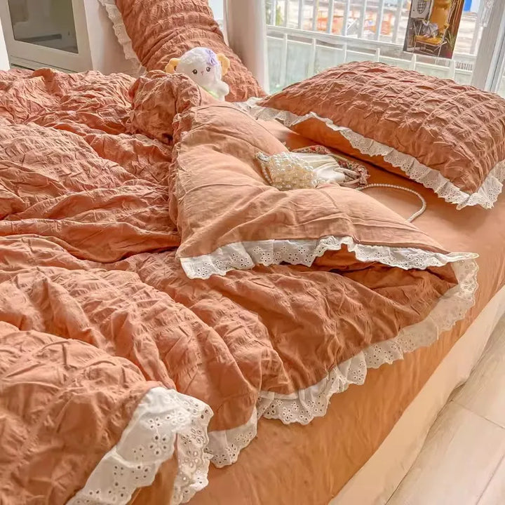 Rynx | Korean Seersucker Ruffle Bedding Set for Women Princess Style Bedroom Bedding Set Queen Washed Cotton Solid Color Bedding