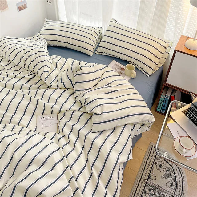 Rynx | Pure Cotton Home Textiles Blue Striped Bedding Set Simple Soft Duvet Cover Sheets Pillowcase In Style Bedding Queen King Size