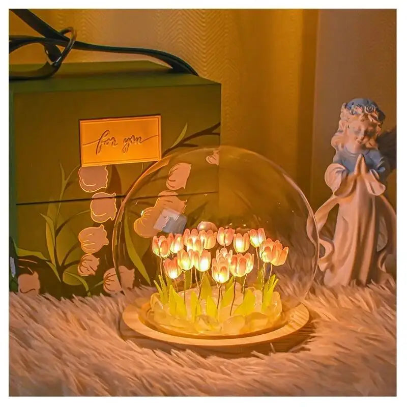 Rynx | Artificial Tulip Flowers Night Light Ornaments Handmade DIY Nightstand LED Night Lamp Bedroom Desk Decor Birthday Gifts Table Lamp