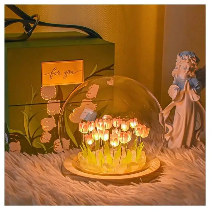 Rynx | Artificial Tulip Flowers Night Light Ornaments Handmade DIY Nightstand LED Night Lamp Bedroom Desk Decor Birthday Gifts Table Lamp