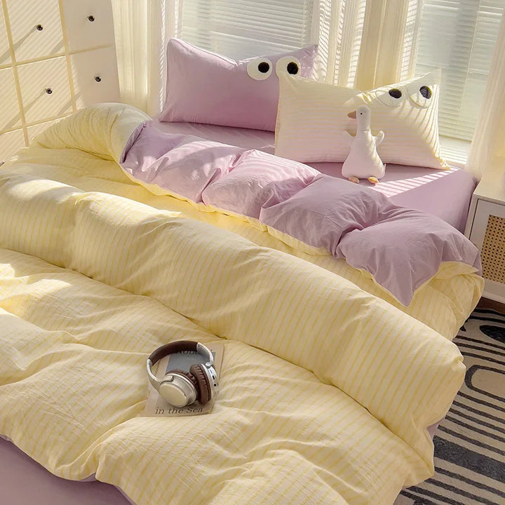 Rynx | Striped Bedding Comfort Set with Pillowcase Bed Sheet Twin Size Full Size Bedding Duvet Set Queen/King Double Twin Bed