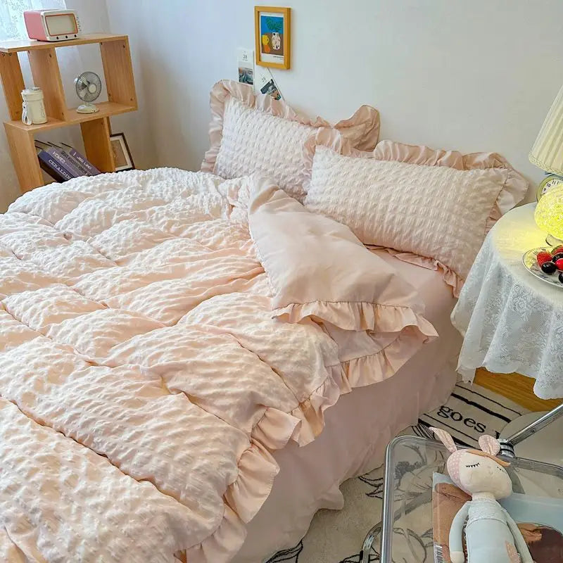 Rynx | Euro Solid Ruffled Carpet Bedding Sets Girls Pair Fluffy Queen Duvet Cover With Canopy Pillowcase Bedroom Comfort 4 Pieces Set