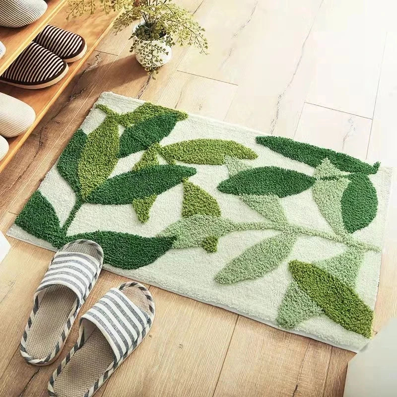 Rynx | Leaf Green Flocked Bath Mat Non-Slip Absorbent Microfiber Bathroom Rug Entrance Mat Super Soft Bath Rug Carpet