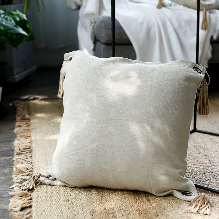 Rynx | Cotton-Linen Cushion Cover French Style Cushion Cover with Tassels Square Back Cushion Pillowcase Decor Living Space 45x45cm
