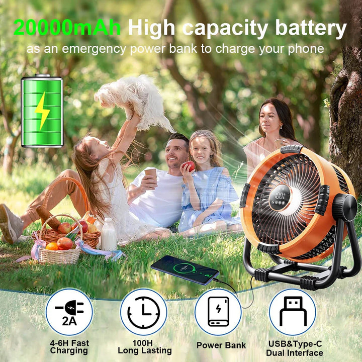 Lisslune | Camping Fan with 20000mAh Battery, LED Light & Remote Control – WindMate