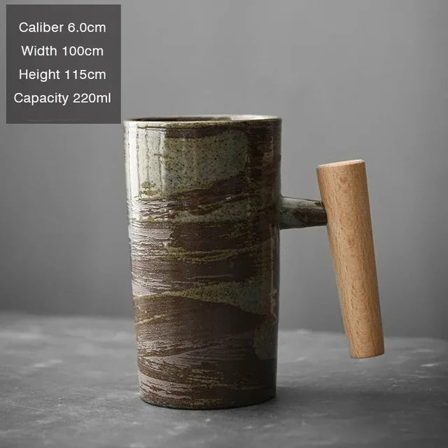 Lisslune | Vintage Coffee Mug with Wooden Handle Made of Stoneware