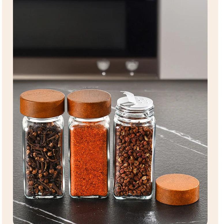Lisslune | Elegant 40oz moisture-proof square glass spice container with acacia wood lid