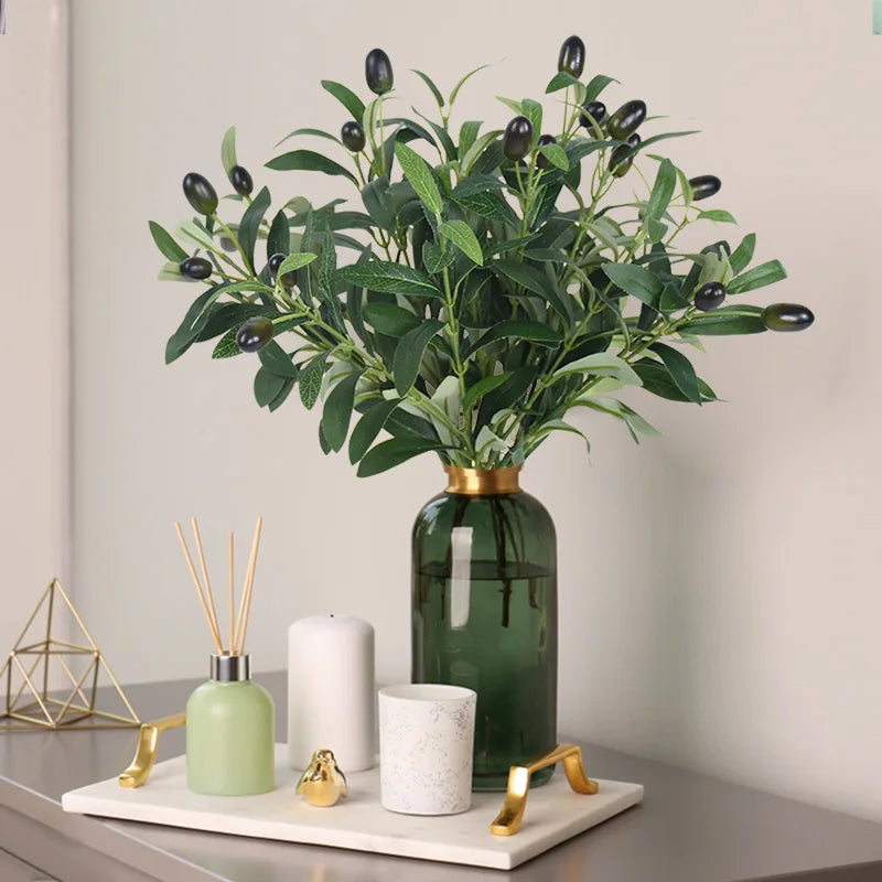 Rynx 1/3 Piece Artificial Olive Leaves Tree Branch Green Plant with Fruits for Home Garden Vase Decoration Wedding Bouquet Silk Flowers